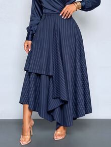 SOLERSUN Old Money Style Navy Blue Stripe Casual Elegant Office Party Academic Vintage Asymmetrical Skirt For Commuting Graduation Back To School Season Fall - Navy Blue - View 10