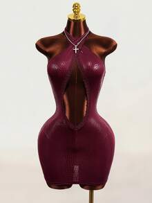 Mistrie Women Halter Lace‑Trim Chest Cutout Sexy Bodycon Mini Dress For Club Rave Night Out - Burgundy - View 5