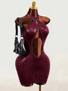 Mistrie Women Halter Lace‑Trim Chest Cutout Sexy Bodycon Mini Dress For Club Rave Night Out - Burgundy - View 8