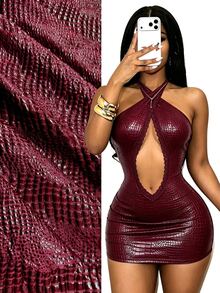 Mistrie Women Halter Lace‑Trim Chest Cutout Sexy Bodycon Mini Dress For Club Rave Night Out - Burgundy - View 3
