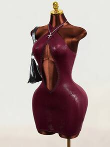 Mistrie Women Halter Lace‑Trim Chest Cutout Sexy Bodycon Mini Dress For Club Rave Night Out - Burgundy - View 6