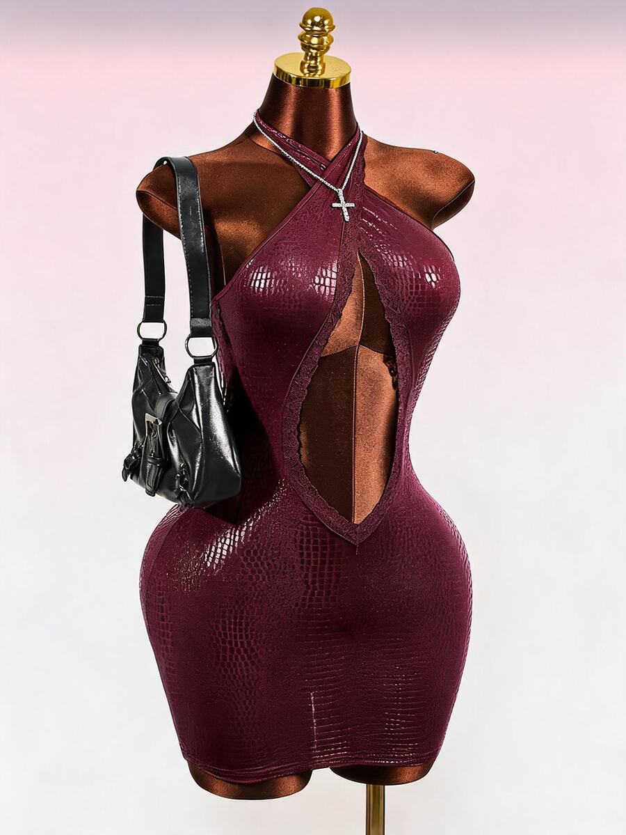 Mistrie Women Halter Lace‑Trim Chest Cutout Sexy Bodycon Mini Dress For Club Rave Night Out
