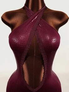Mistrie Women Halter Lace‑Trim Chest Cutout Sexy Bodycon Mini Dress For Club Rave Night Out - Burgundy - View 9