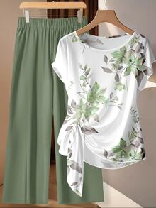 EMERY ROSE Women's Tie Bow Blouse And Loose Straight Leg Pants 2 Pieces Set,Casual Vacation Green Floral Shades Of Green Summer - Multicolor - View 6