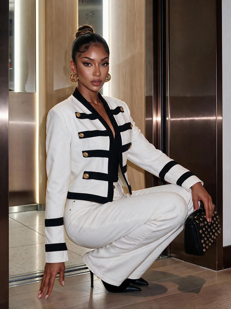SHEIN SXY Fall Work Outfits For Women Chic Napoleon Jackets - Black and White - View 1
