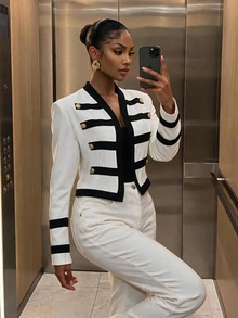 SHEIN SXY Fall Work Outfits For Women Chic Napoleon Jackets - Black and White - View 4