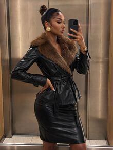 SHEIN SXY Winter Faux Fur Patchwork Black Long Sleeve Jacket - Black - View 5