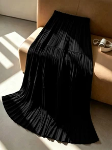 GlowEve CURVE Plus Size Women's Solid Color Versatile Multi-Layered Pleated Skirt Fall - Black - View 1