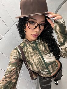 StreetHx 女款秋冬復古休閒時尚百搭日常街頭風乾葉數位印花無口袋裝飾拉鍊長袖收腰立領薄款夾克 - 彩色 - 查看 5