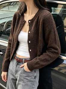Autumina Vintage Casual Women's Knitted Cardigan, Solid Color Single-Breasted Jacket, Spring/Autumn Fashion Outerwear, Layering Top Office Brunch Dark Brown - Brown - View 5