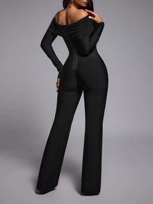 Nuvra Mature Women Pleated Off-Shoulder Bow Slim Fit Jumpsuit - Black - View 2
