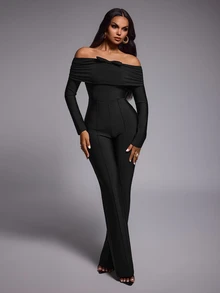Nuvra Mature Women Pleated Off-Shoulder Bow Slim Fit Jumpsuit - Black - View 5