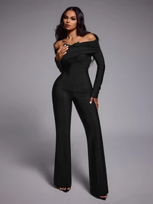 Nuvra Mature Women Pleated Off-Shoulder Bow Slim Fit Jumpsuit - Black - View 7