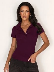 SHEIN Unity 女款 Polo 領鈕扣短袖修身收腰極簡休閒運動 T 恤，日常通勤辦公，深紫色，夏季 - 紫色 - 查看 4