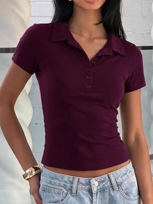 SHEIN Unity 女款 Polo 領鈕扣短袖修身收腰極簡休閒運動 T 恤，日常通勤辦公，深紫色，夏季 - 紫色 - 查看 6