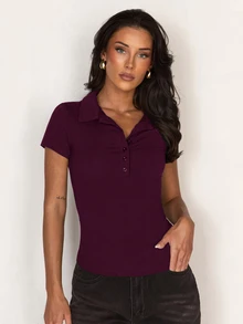 SHEIN Unity 女款 Polo 領鈕扣短袖修身收腰極簡休閒運動 T 恤，日常通勤辦公，深紫色，夏季 - 紫色 - 查看 5