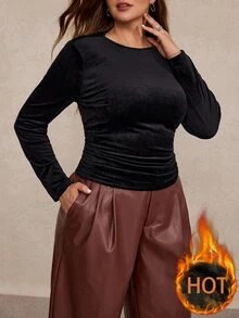Freevana 女款大尺碼長袖修身黑色抓絨內裡T恤 腰部褶皺打底上衣 秋季外出休閒優雅風 - 黑色 - 查看 4