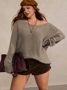 Freevana Plus-Size Grey Loose-Fitting Pullover Sweater Women Long Sleeves Cold Shoulder Soft Warm Elegant Casual Autumn Winter Fall Vacation Evening - Khaki - View 5