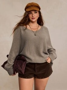 Freevana Plus-Size Grey Loose-Fitting Pullover Sweater Women Long Sleeves Cold Shoulder Soft Warm Elegant Casual Autumn Winter Fall Vacation Evening - Khaki - View 7