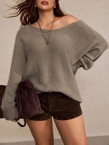 Freevana Plus-Size Grey Loose-Fitting Pullover Sweater Women Long Sleeves Cold Shoulder Soft Warm Elegant Casual Autumn Winter Fall Vacation Evening - Khaki - View 1