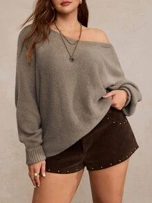 Freevana Plus-Size Grey Loose-Fitting Pullover Sweater Women Long Sleeves Cold Shoulder Soft Warm Elegant Casual Autumn Winter Fall Vacation Evening - Khaki - View 4