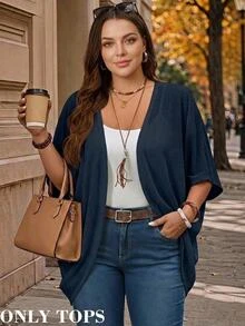 Rosumi Plus Size Vacation Solid Color Asymmetric Hem Batwing Sleeve Casual Normal Elegant Curve Jacket Spring/Summer Fall Women Clothes Winter Autumn - Navy Blue - View 10
