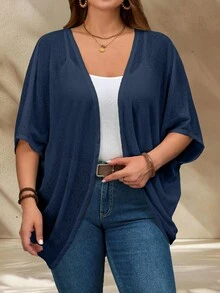 Rosumi Plus Size Vacation Solid Color Asymmetric Hem Batwing Sleeve Casual Normal Elegant Curve Jacket Spring/Summer Fall Women Clothes Winter Autumn - Navy Blue - View 8