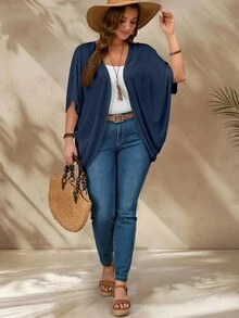 Rosumi Plus Size Vacation Solid Color Asymmetric Hem Batwing Sleeve Casual Normal Elegant Curve Jacket Spring/Summer Fall Women Clothes Winter Autumn - Navy Blue - View 4