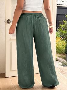 GalTyme 鼠尾草綠大尺碼女款繫腰寬鬆休閒傳統西式軟挺長褲 正式度假秋季假期辦公居家穿著 - 墨綠色 - 查看 5