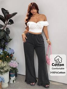 Muchica Plus-Size Casual Traditional Retro Washed Distressed Soft Fabric Stretch Waist Ruched Trousers Autumn Birthday Brunch Formal Vacation Gray Fall - Black - View 3