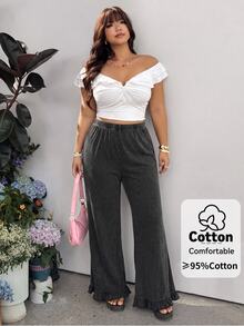 Muchica Plus-Size Casual Traditional Retro Washed Distressed Soft Fabric Stretch Waist Ruched Trousers Autumn Birthday Brunch Formal Vacation Gray Fall - Black - View 4