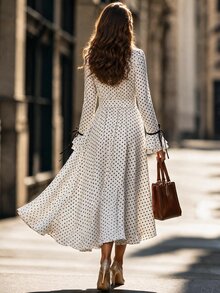 Editum Gaun Midi Lengan Panjang Model A-Line dengan Kerah Ruffle dan Kancing Depan, Motif Polkadot Elegan untuk Wanita, dan Pinggang yang Diikat. - MultiWarna - View 2