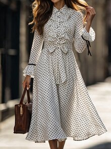 Editum Gaun Midi Lengan Panjang Model A-Line dengan Kerah Ruffle dan Kancing Depan, Motif Polkadot Elegan untuk Wanita, dan Pinggang yang Diikat. - MultiWarna - View 1