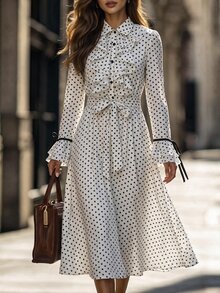 Editum Gaun Midi Lengan Panjang Model A-Line dengan Kerah Ruffle dan Kancing Depan, Motif Polkadot Elegan untuk Wanita, dan Pinggang yang Diikat. - MultiWarna - View 4