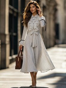 Editum Gaun Midi Lengan Panjang Model A-Line dengan Kerah Ruffle dan Kancing Depan, Motif Polkadot Elegan untuk Wanita, dan Pinggang yang Diikat. - MultiWarna - View 5