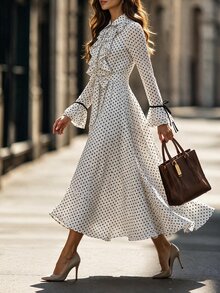 Editum Gaun Midi Lengan Panjang Model A-Line dengan Kerah Ruffle dan Kancing Depan, Motif Polkadot Elegan untuk Wanita, dan Pinggang yang Diikat. - MultiWarna - View 6