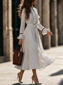 Editum Gaun Midi Lengan Panjang Model A-Line dengan Kerah Ruffle dan Kancing Depan, Motif Polkadot Elegan untuk Wanita, dan Pinggang yang Diikat. - MultiWarna - View 3