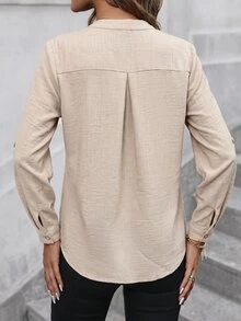 SHEIN Clasi Blus Kerah Berlekuk Kasual untuk Wanita, Pakaian Kerja untuk Wanita - Aprikot - View 2