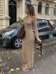 Lavishia Women's Elegant Autumn/Winter Blended Long Dress - Apricot - View 1
