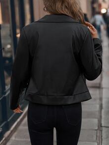SHEIN Clasi Plus Size Women's Solid Color PU Leather Zipper Front Motorcycle Jacket Winter - Black - View 2