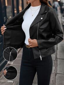 SHEIN Clasi Plus Size Women's Solid Color PU Leather Zipper Front Motorcycle Jacket Winter - Black - View 6