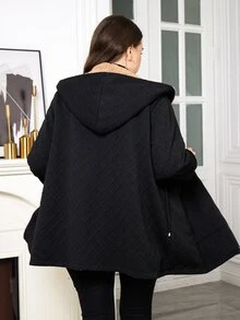 SHEIN Clasi 大尺碼女款長袖前拉鍊保暖內裡連帽外套 登山俱樂部 度假 外出穿搭 黑色 秋季 寬鬆休閒優雅 - 黑色 - 查看 11