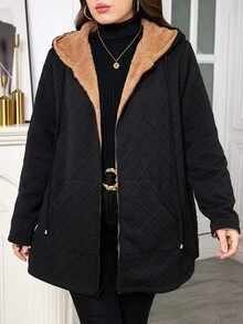 SHEIN Clasi 大尺碼女款長袖前拉鍊保暖內裡連帽外套 登山俱樂部 度假 外出穿搭 黑色 秋季 寬鬆休閒優雅 - 黑色 - 查看 5