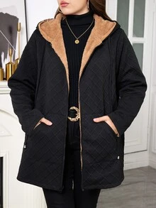SHEIN Clasi 大尺碼女款長袖前拉鍊保暖內裡連帽外套 登山俱樂部 度假 外出穿搭 黑色 秋季 寬鬆休閒優雅 - 黑色 - 查看 4