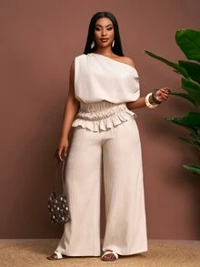 Zivah Apricot Summer Elegant Tea Party Wedding Guest Vacation Plus Size Women's 2 Pieces Set Asymmetrical Shoulder Sleeveless Top And Wide-Leg Pants Boho - Apricot - View 10
