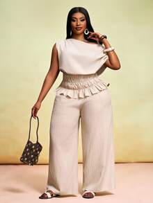 Zivah Apricot Summer Elegant Tea Party Wedding Guest Vacation Plus Size Women's 2 Pieces Set Asymmetrical Shoulder Sleeveless Top And Wide-Leg Pants Boho - Apricot - View 12