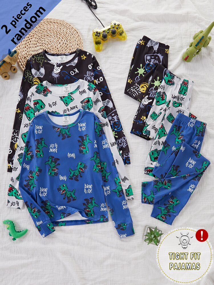 3 Random Sets Out Of 1 Pajamas Sets) Teen Boys Game Console All-Over Print, Block Dinosaur All-Over Print, Randomly Sent One Set, Snug Fit Loungewear, Soft And Comfortable Fabric, Best Gift For Boys, Suitable For Autumn/Winter, Casual, Holiday Party And Family Matching - Multicolor - View 3