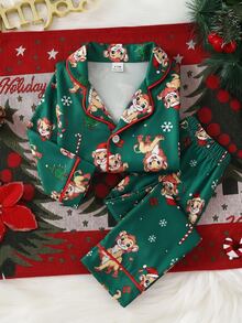 Baby Boy Autumn/Winter Pajamas 2pcs Long Sleeve Pants Print Cartoon Christmas Green - Green - View 3