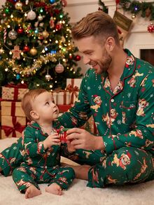 Baby Boy Autumn/Winter Pajamas 2pcs Long Sleeve Pants Print Cartoon Christmas Green - Green - View 1