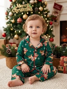Baby Boy Autumn/Winter Pajamas 2pcs Long Sleeve Pants Print Cartoon Christmas Green - Green - View 6